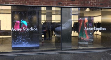 Acne Studios store front window digital signage. Coleder Road Ready 2.9mm LED screen, Brightsign media player